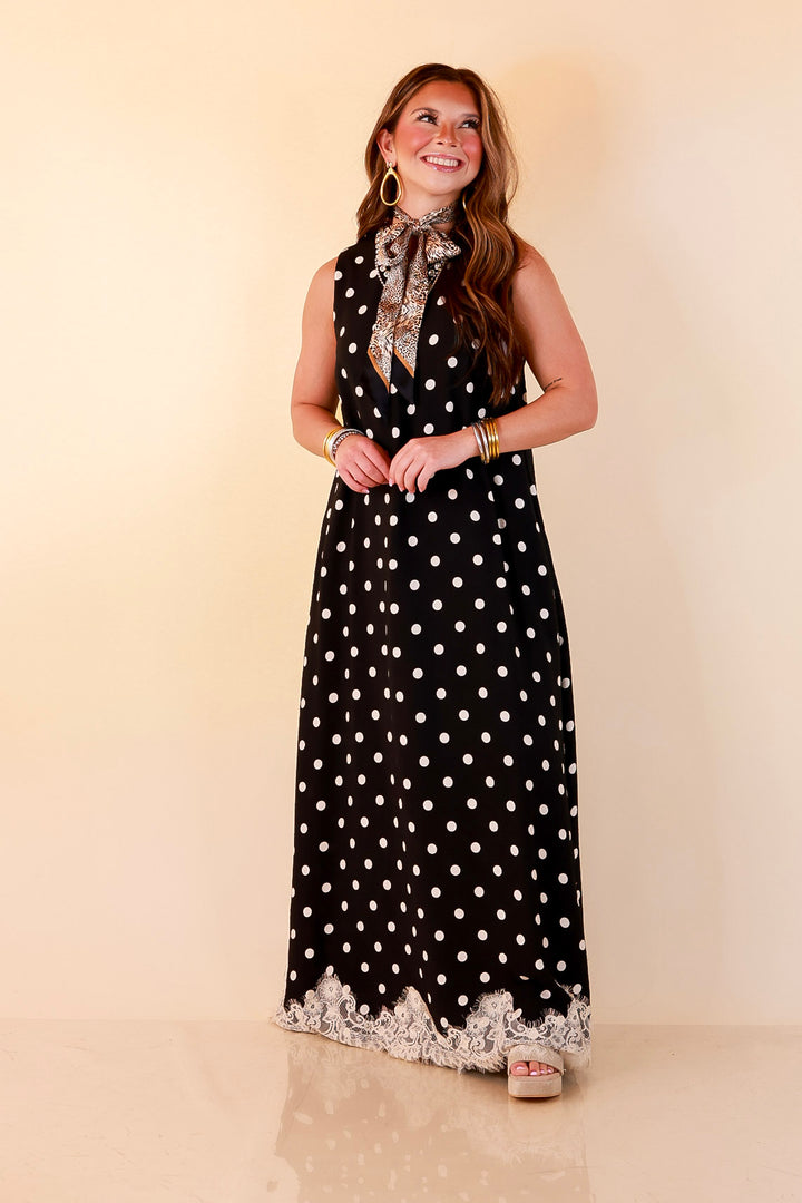 Sweet Little Something Polka Dot Sleeveless Maxi Dress with Lace Trim in Black