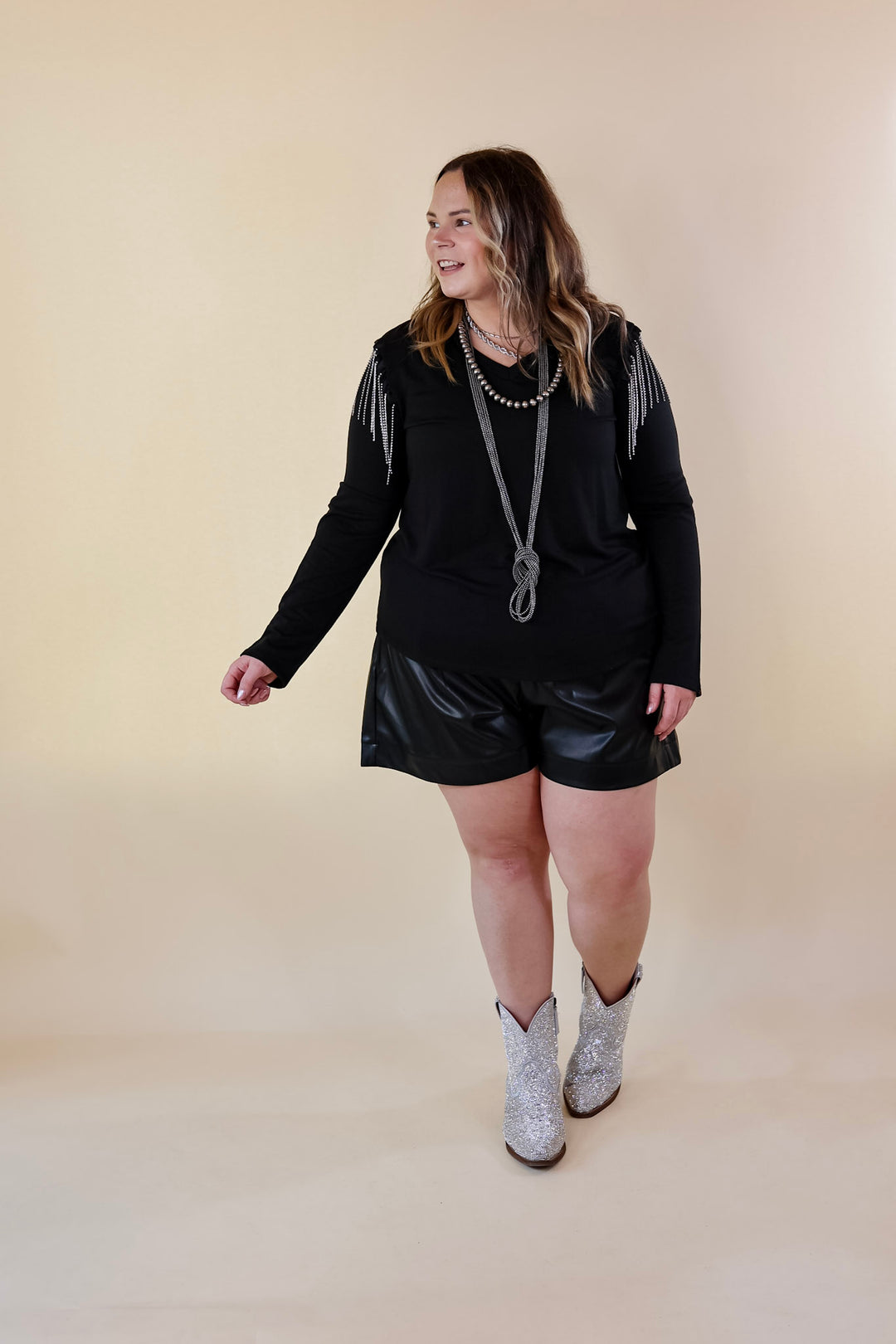 Party Dreams Long Sleeve V Neck Top with Crystal Fringe Shoulders in Black - Giddy Up Glamour Boutique