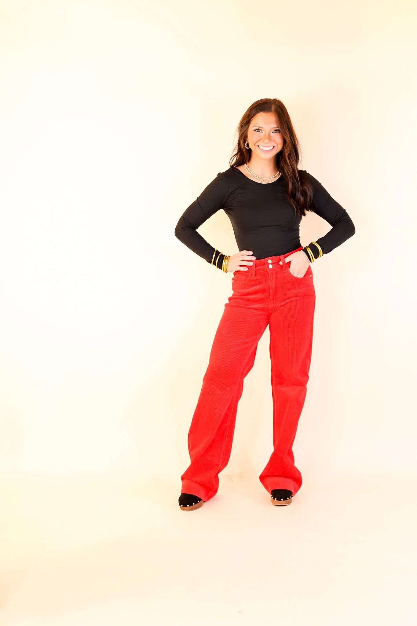 Judy Blue | Strut in Style High Waisted Wide Leg Corduroy Trouser in Ruby Red