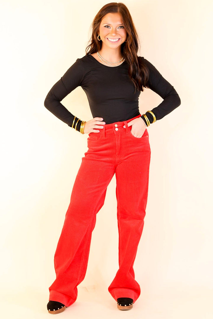 Last Chance Size 0, 1, 11, 13, 15, 14W-24W | Judy Blue | Strut in Style Wide Leg Corduroy Trouser in Ruby Red