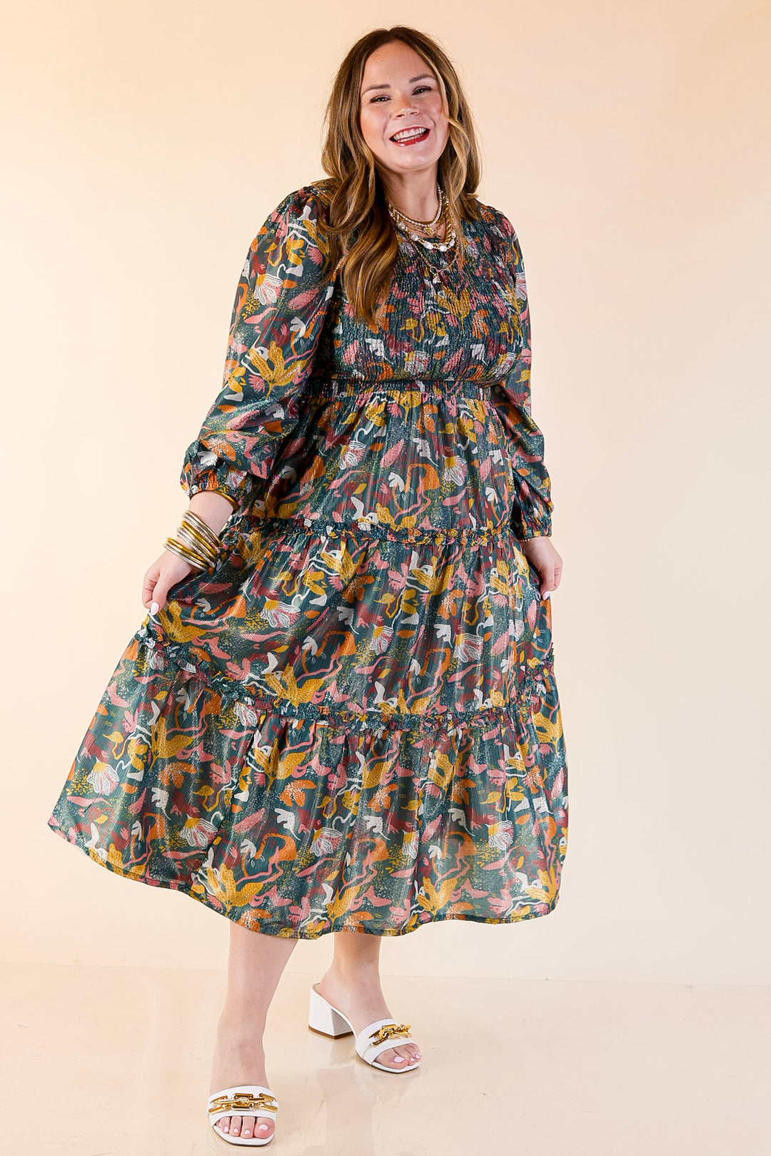 Mud Pie | Shaffer Smocked Bodice Long Sleeve Midi Dress with Tiered Skirt in Blue Mix