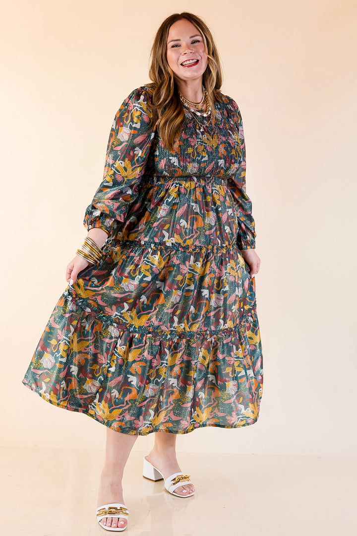 Mud Pie | Shaffer Smocked Bodice Long Sleeve Midi Dress with Tiered Skirt in Blue Mix