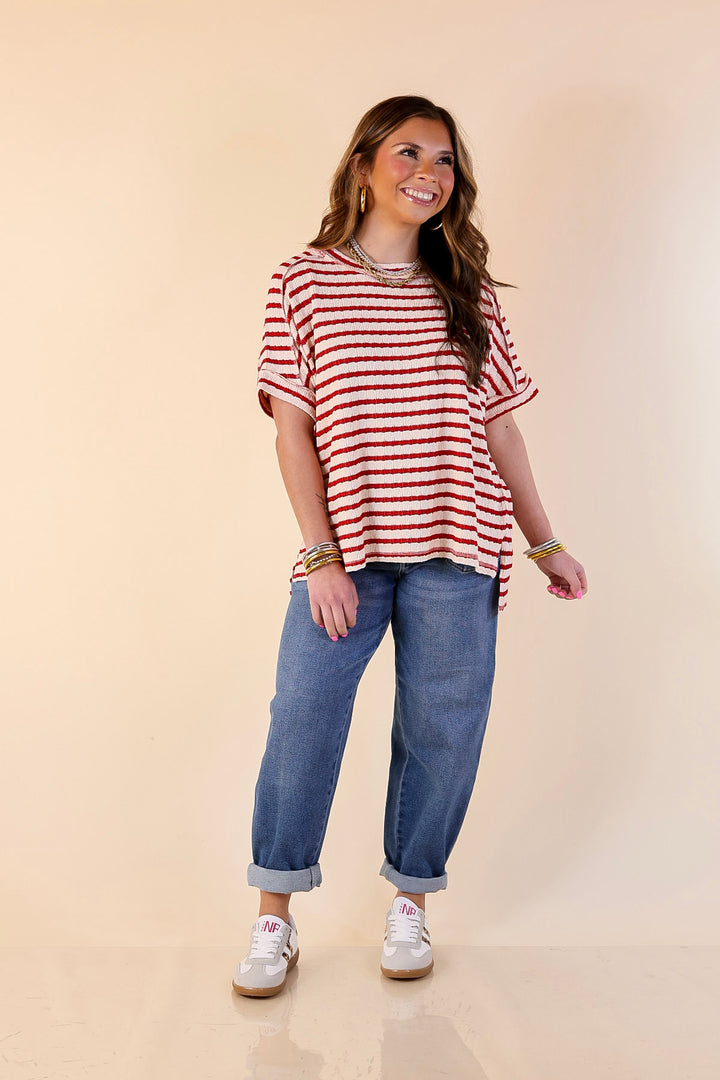 On The Daily Scoop Neck Short Sleeve Textured Top in Red