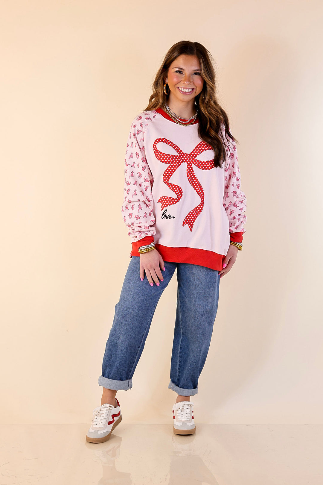 Simply Southern | Sweet on You Bow Detail Crew Neck Sweatshirt with Floral Sleeves in Pink