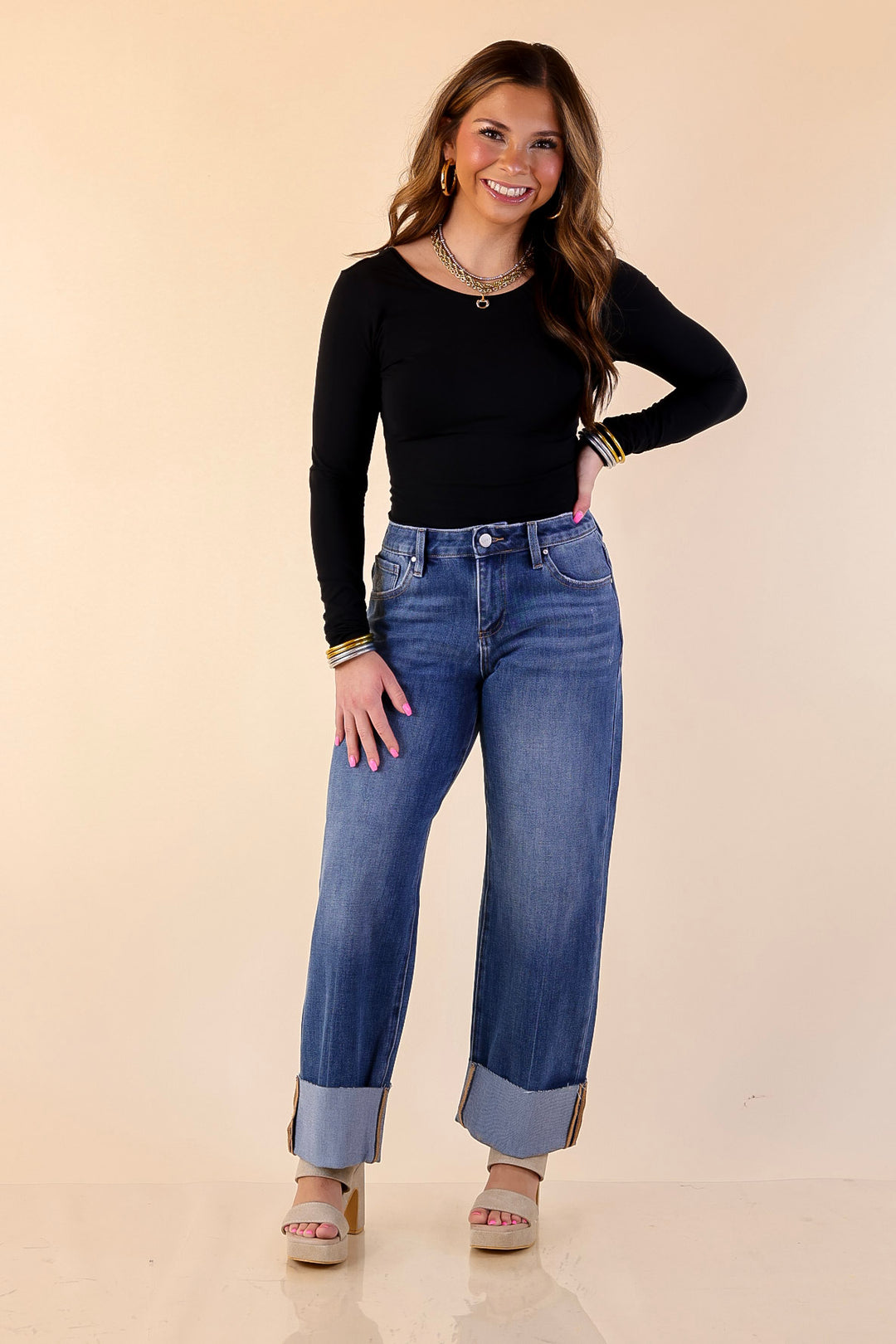 Risen | On Solid Ground Straight Leg Cuffed Jeans in Medium Wash