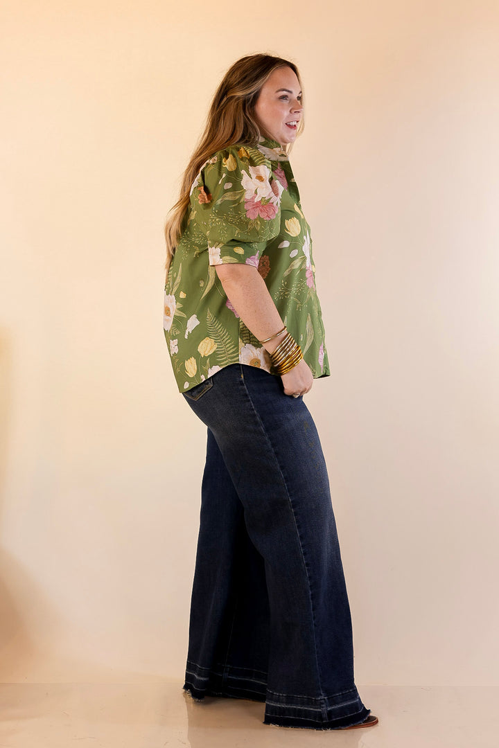 First Glance Button Up Puff Sleeve Floral Print Top in Olive Green
