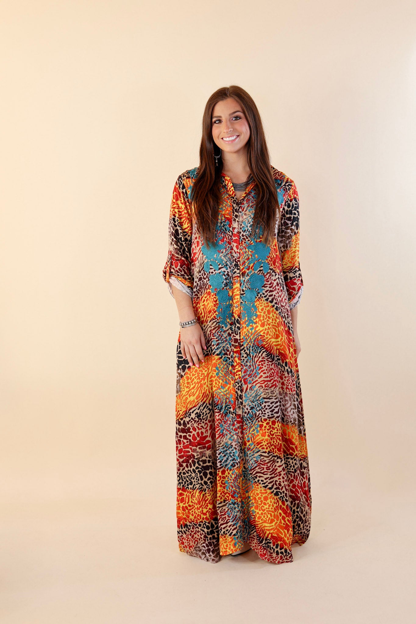 I'm All That Long Multi Color Leopard Button Up Maxi Dress with Turquoise Floral Print Embroidery - Giddy Up Glamour Boutique