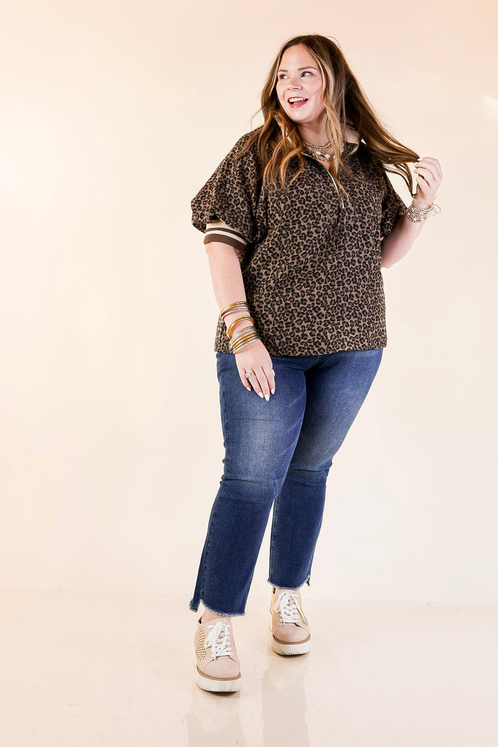 Bold Instincts Leopard Print Half Zip Top with Puff Sleeves in Brown and Cream
