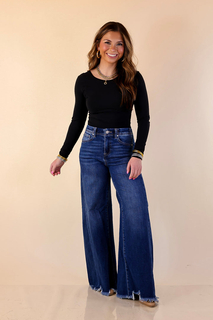 Risen | Holding Steady Wide Leg Raw Hem Jeans in Dark Wash