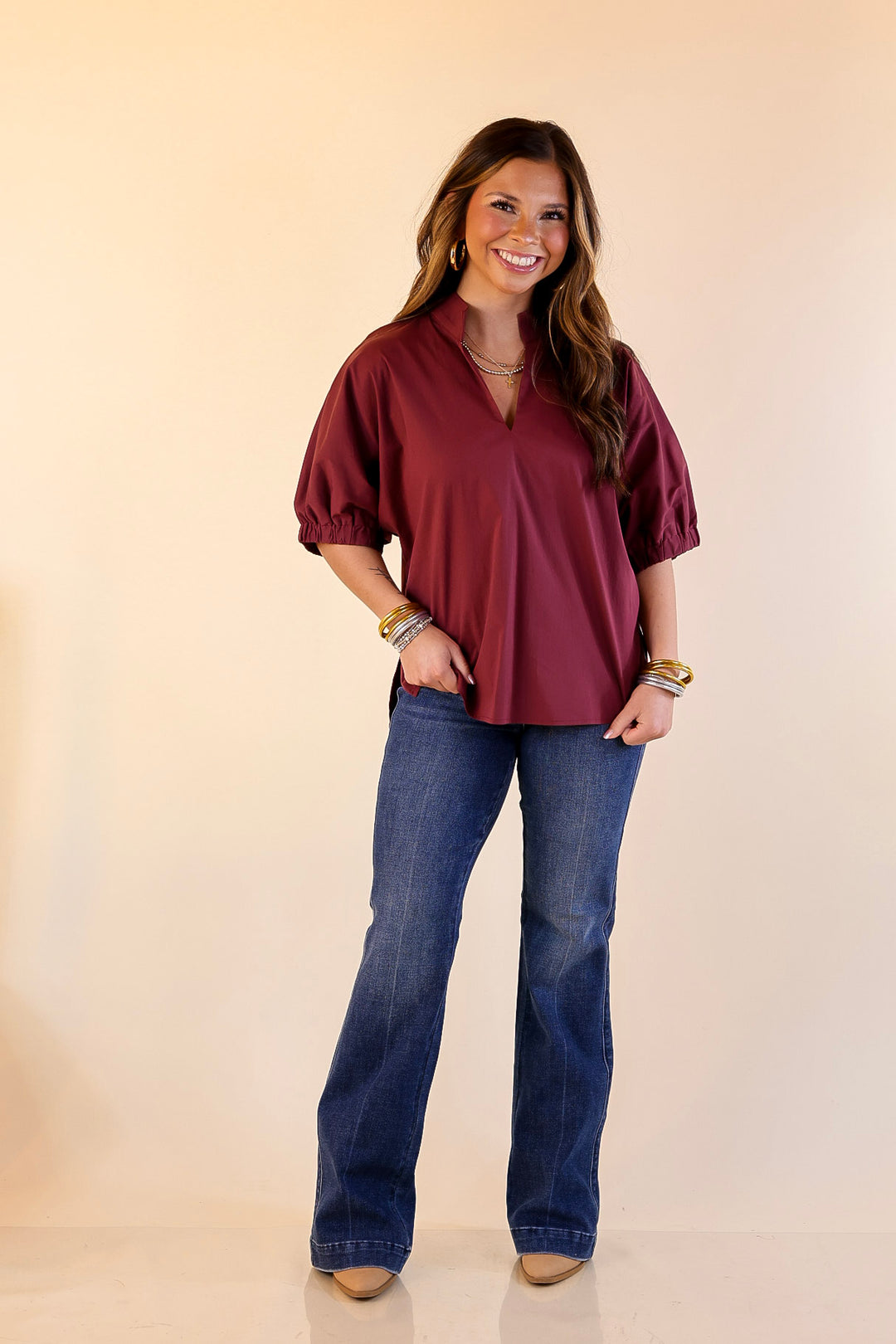 Elevated Basic V-Neck Blouse With Drop Shoulder in Maroon