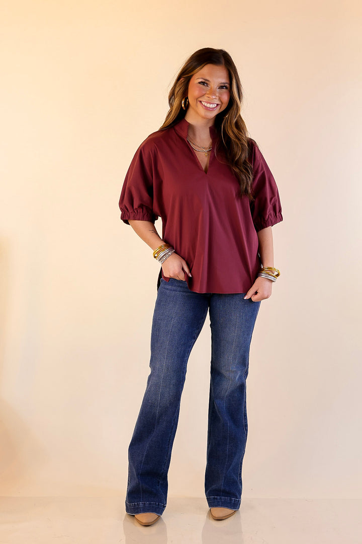 Elevated Basic V-Neck Blouse With Drop Shoulder in Maroon