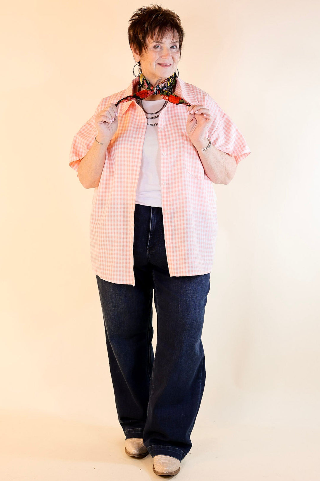 What A Rush Button Up Gingham Short Sleeve Top in Light Pink