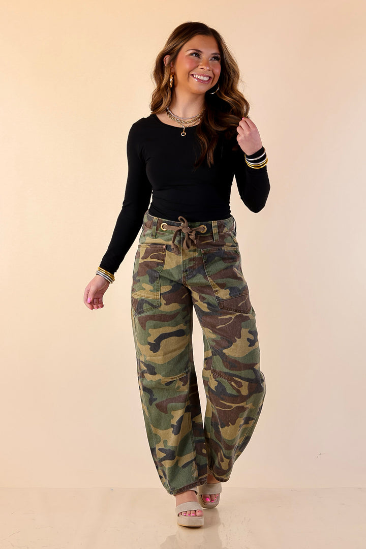 Risen | Built With Ease Wide Leg Drawstring Barrel Jean in Camo Print