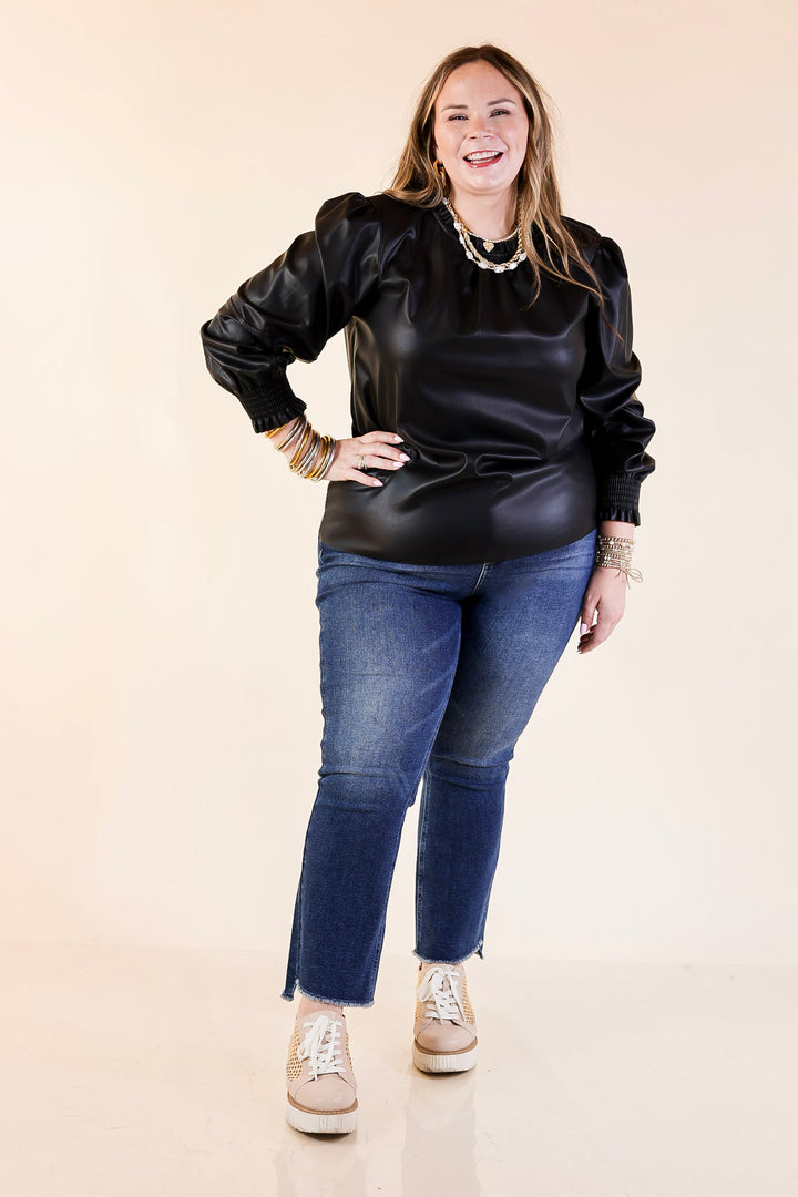 Mud Pie | Putnam Faux Leather Long Sleeve Top with Smocked Cuffs in Black