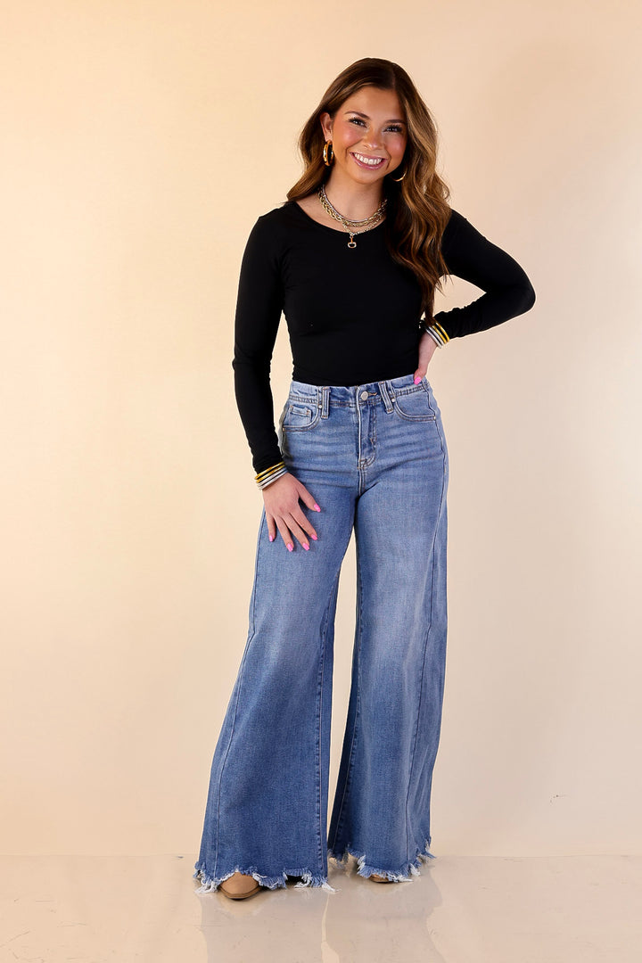 Risen | Holding Steady Wide Leg Raw Hem Jeans in Medium Wash