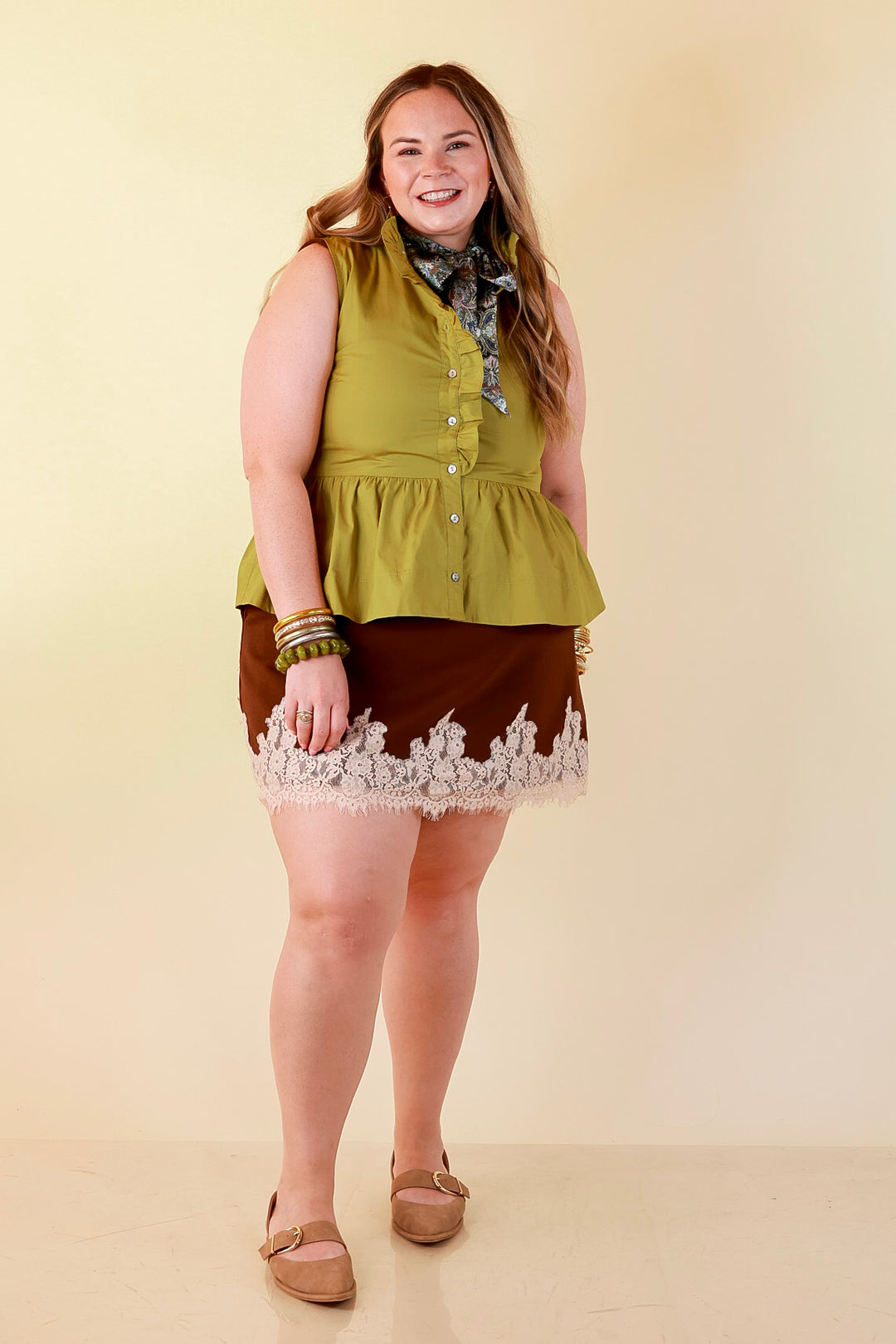Poised &amp; Polished Sleeveless Ruffle Neck Button Front Peplum Top in Chartreuse Olive Green