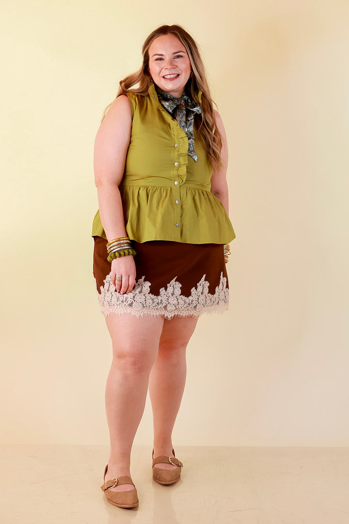 Poised &amp; Polished Sleeveless Ruffle Neck Button Front Peplum Top in Chartreuse Olive Green