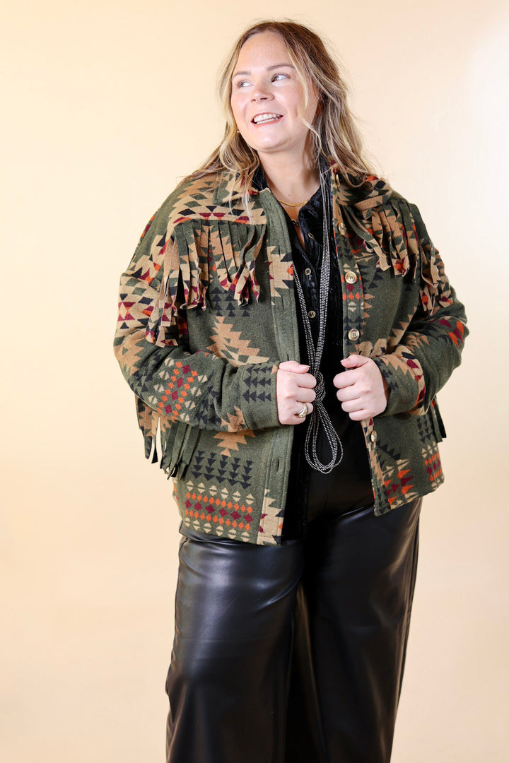 Take Over Aztec Print Button Up Jacket with Fringe in Olive Green - Giddy Up Glamour Boutique