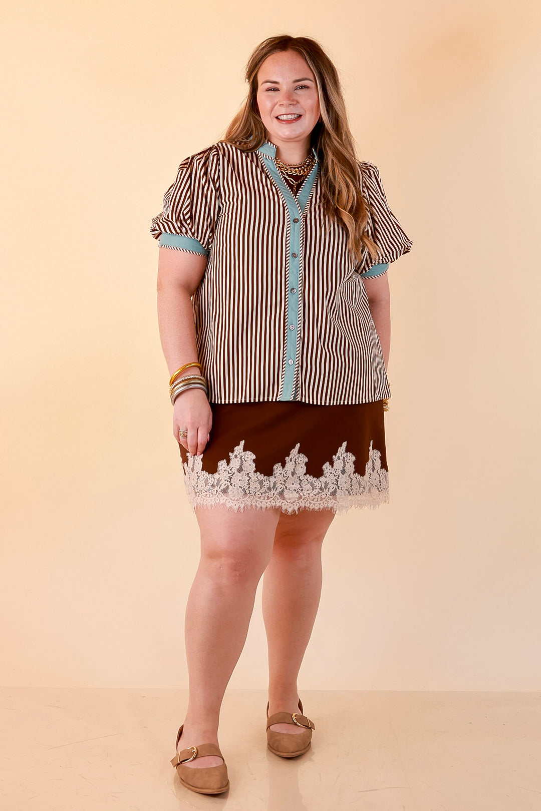 Pop of Polish Short Puff Sleeve Button Front Top with Contrast Trim in White, Chocolate Brown and Blue