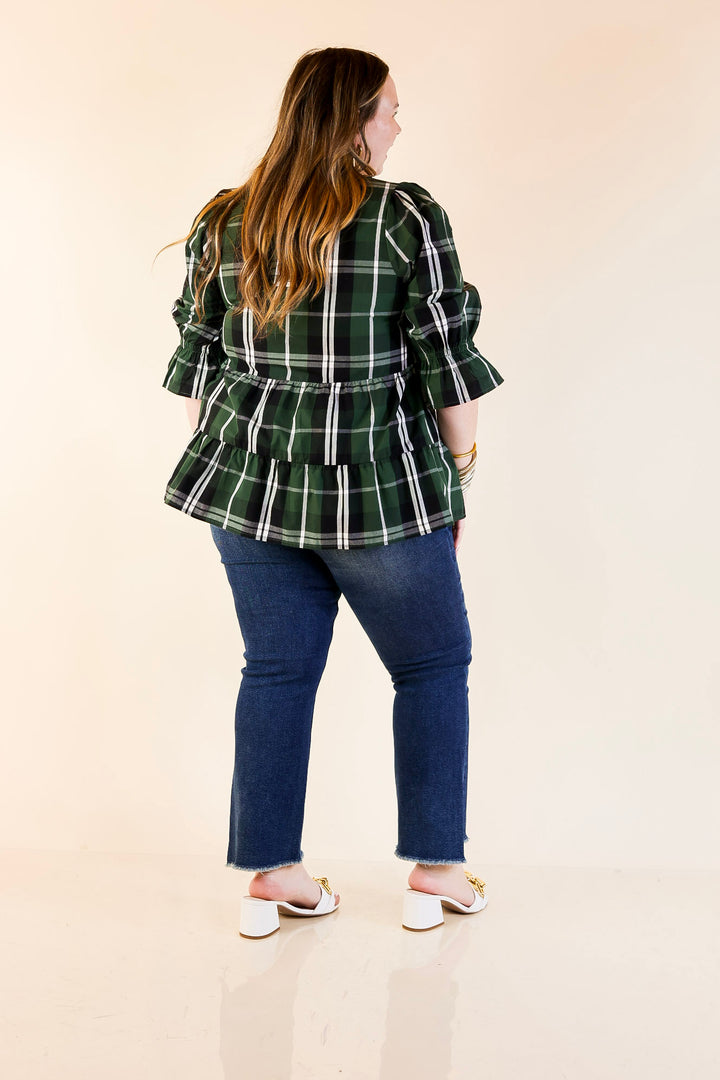 Mud Pie | Ashford Plaid Babydoll Top with Ruffle Hem and 3/4 Balloon Sleeves in Green
