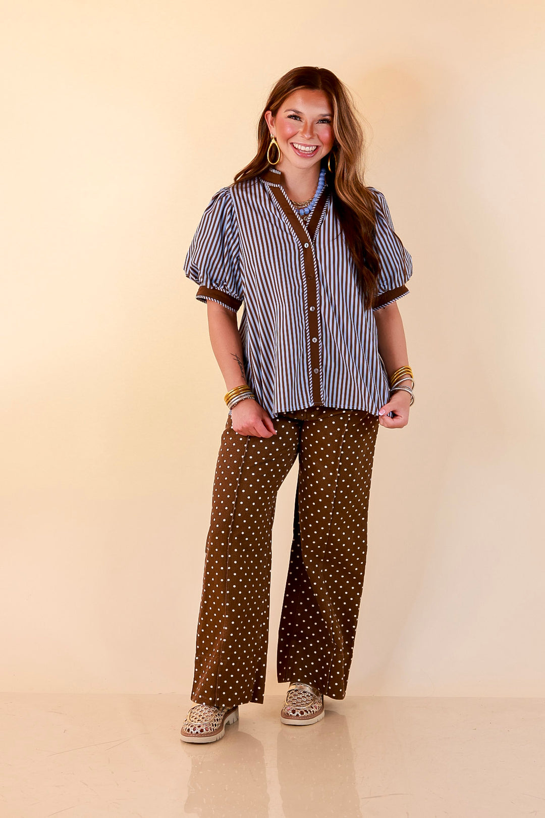 Pop of Polish Short Puff Sleeve Button Front Top with Contrast Trim in Blue and Brown