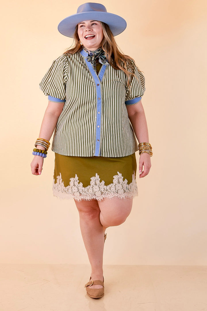 Pop of Polish Short Puff Sleeve Button Front Top with Contrast Trim in White, Olive Green and Periwinkle Blue