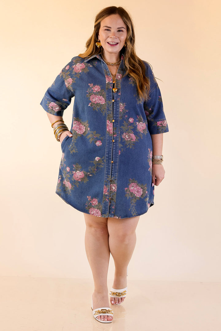 Flirting with Florals Floral Denim Shirt Dress with Gold Button Detail in Classic Blue Denim