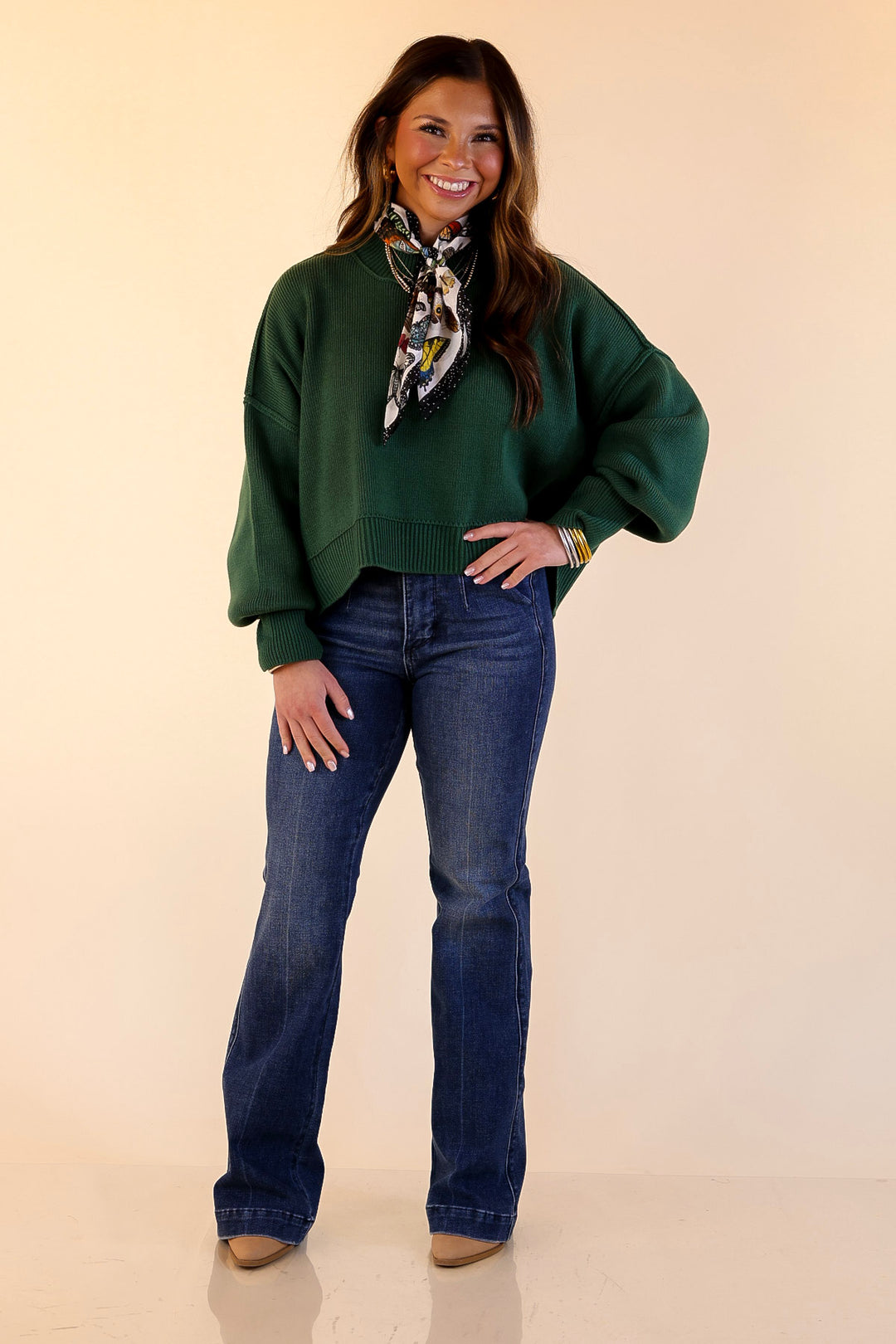 Fireside Fit Cropped Long Sleeve Mock Neck Sweater in Forest Green