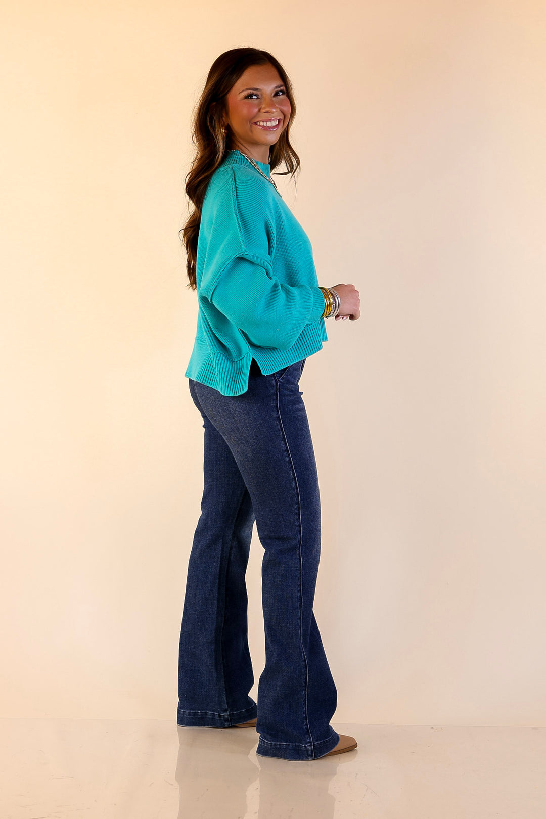 Fireside Fit Cropped Long Sleeve Mock Neck Sweater in Turquoise Blue
