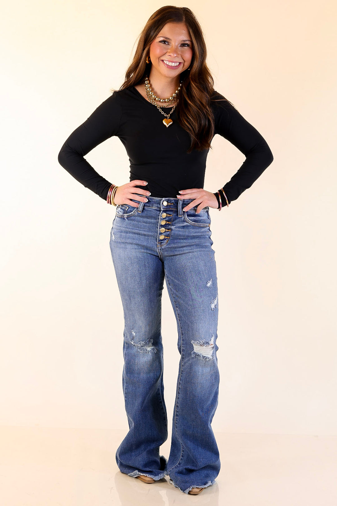 Judy Blue | The Statement Pair Button Fly Flare Jean in Medium Wash