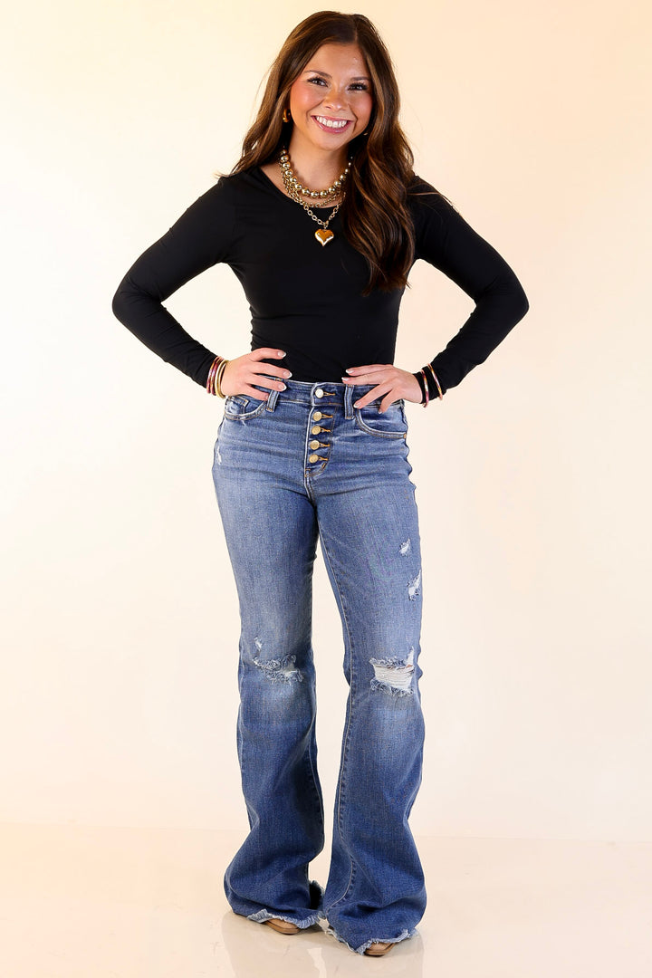 Judy Blue | The Statement Pair Button Fly Flare Jean in Medium Wash