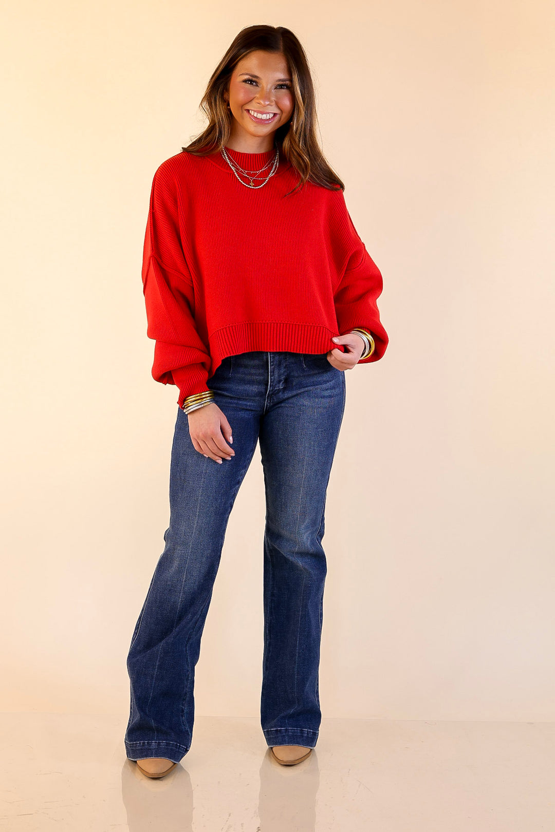 Fireside Fit Cropped Long Sleeve Mock Neck Sweater in Red