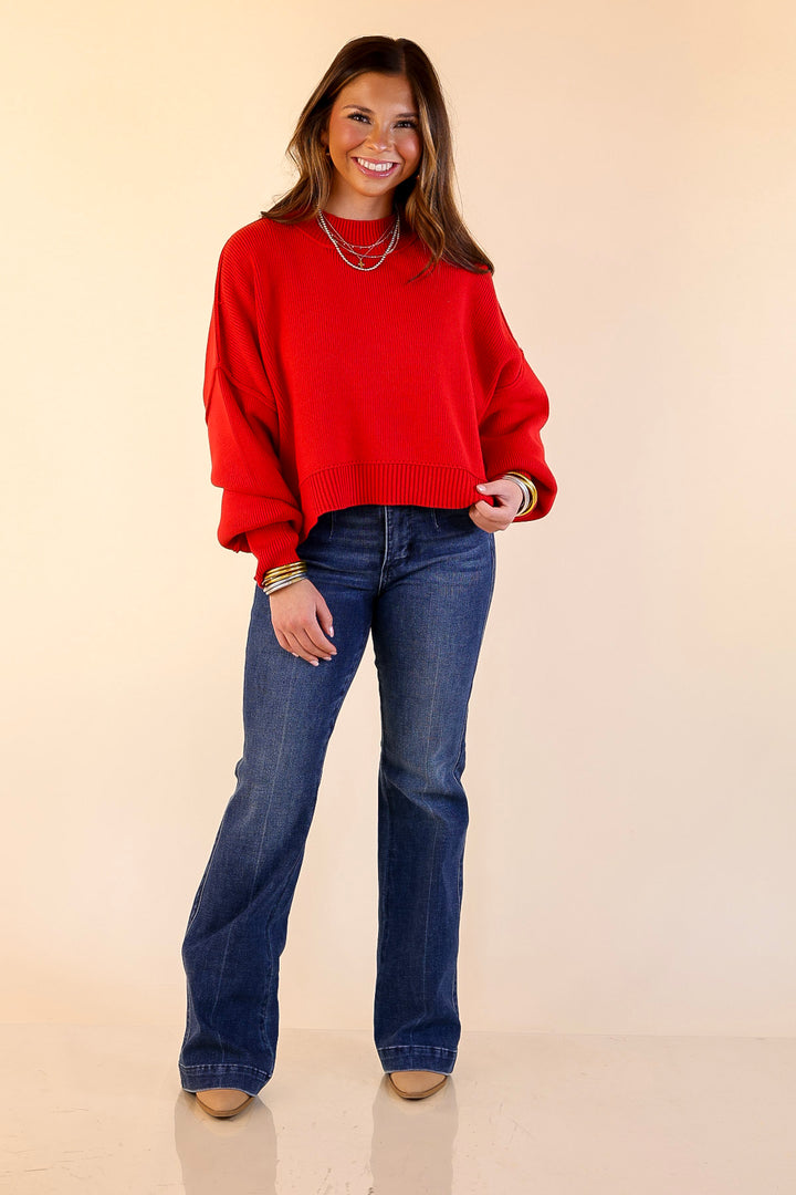 Fireside Fit Cropped Long Sleeve Mock Neck Sweater in Red