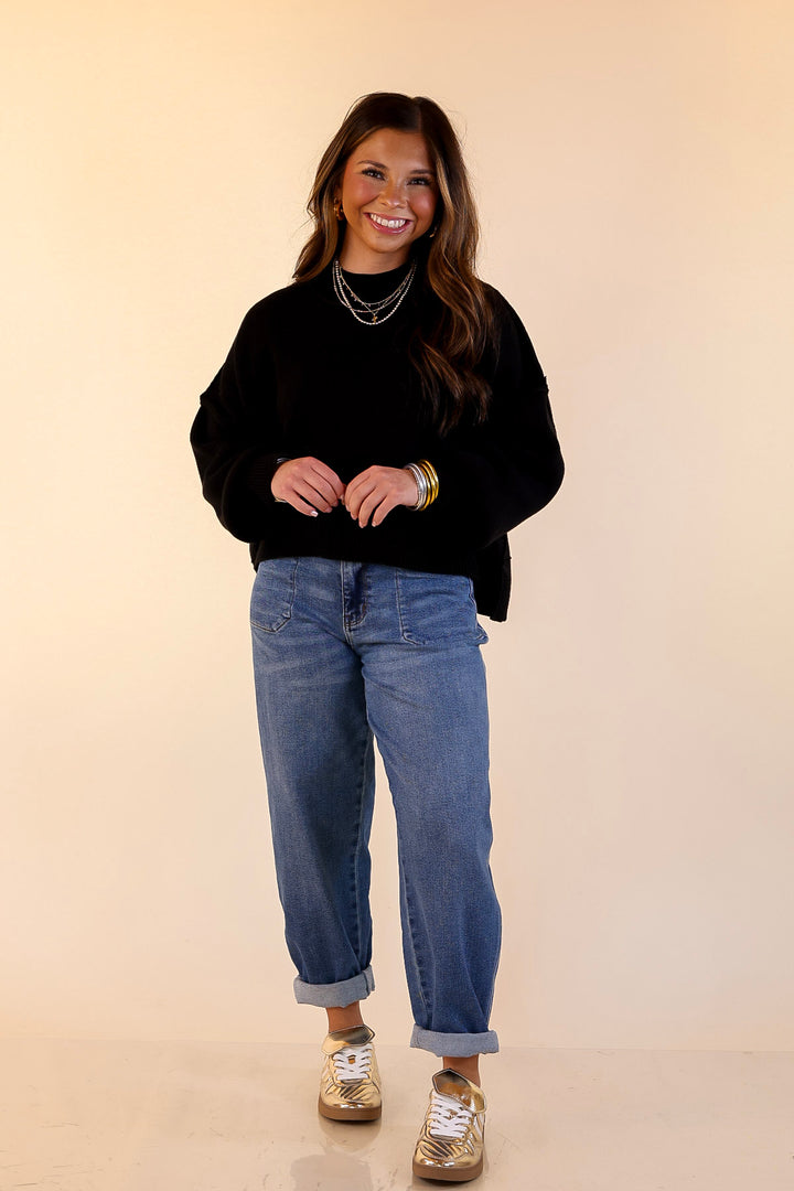 Fireside Fit Cropped Long Sleeve Mock Neck Sweater in Black