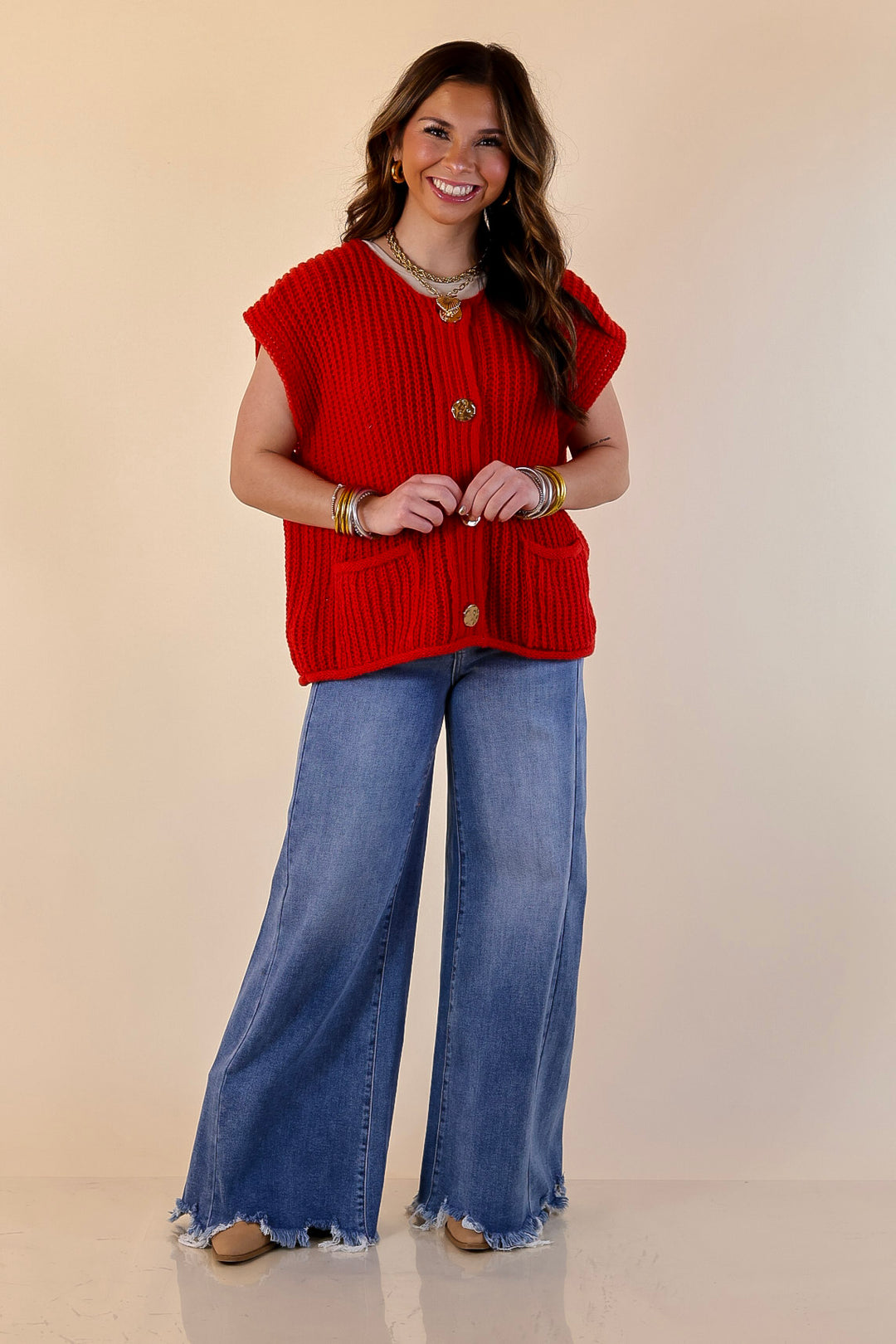 Always Effortless Oversized Button Down Large Knit Sweater Vest in Red
