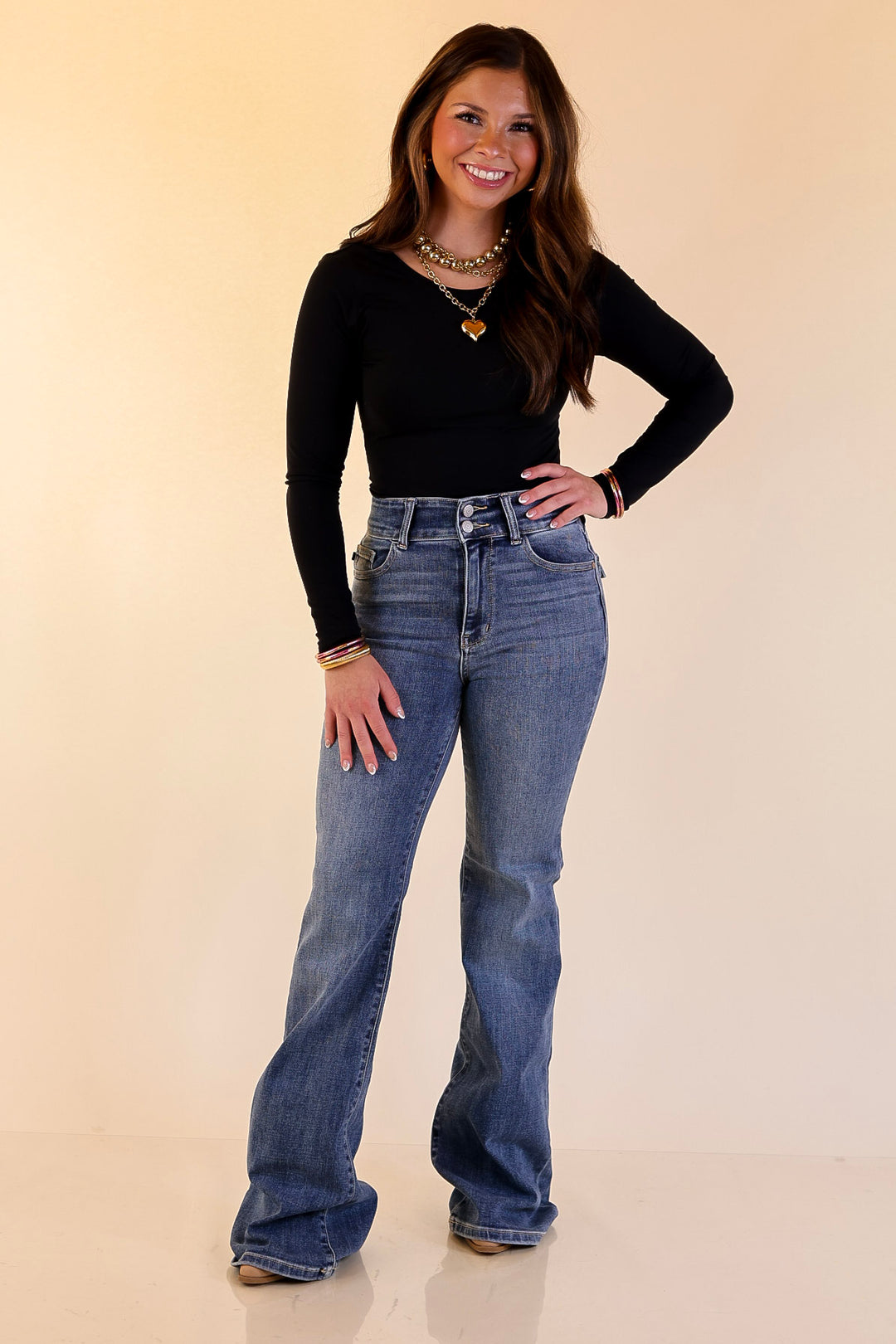 Judy Blue | Made for More Double Button Flare Jean in Medium Wash