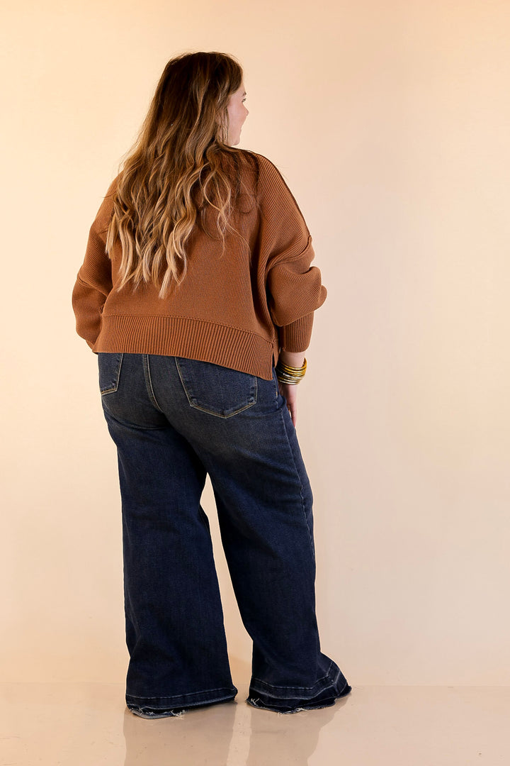 Fireside Fit Cropped Long Sleeve Mock Neck Sweater in Camel Brown