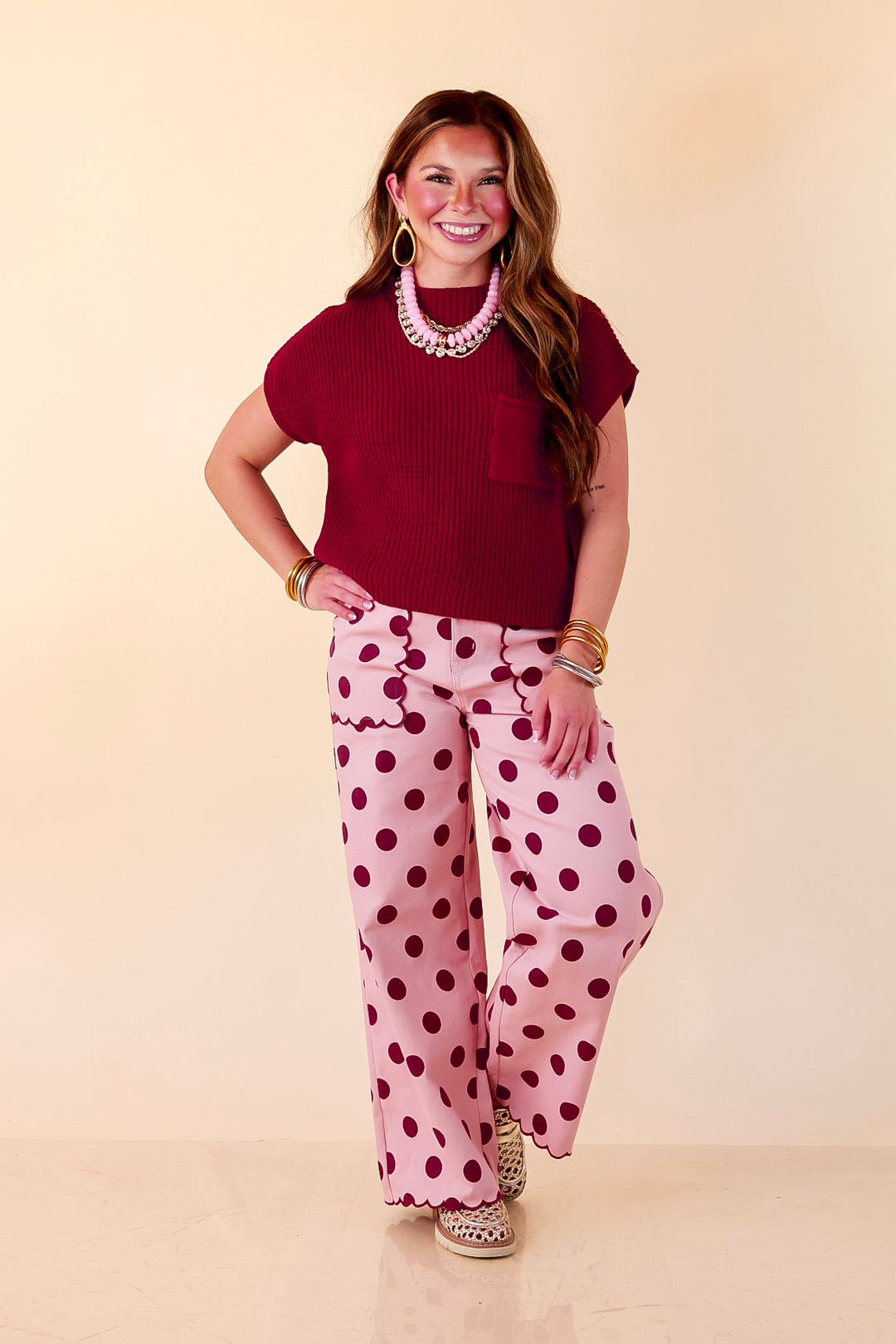 Polished Play Polka Dot Print Wide Leg Denim Pants with Scallop Detailing in Blush Pink and Maroon