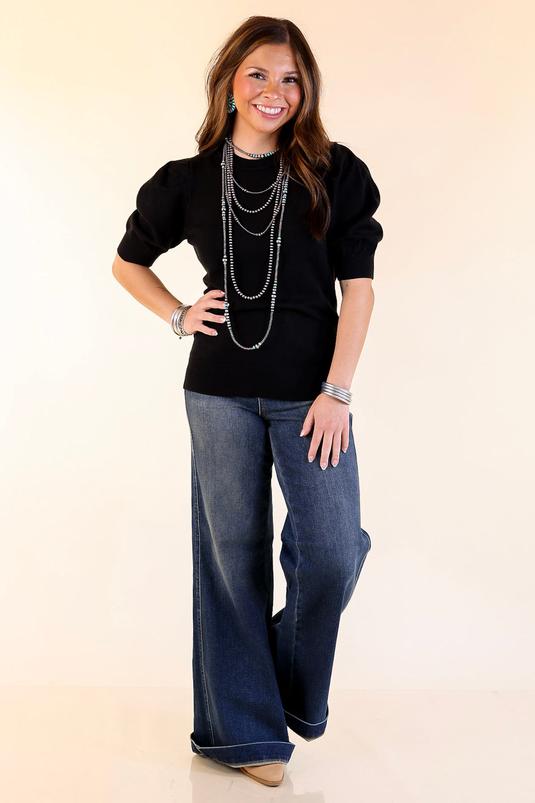 Sweet Sophistication Puff Short Sleeve Knit Sweater with Scoop Neck in Black