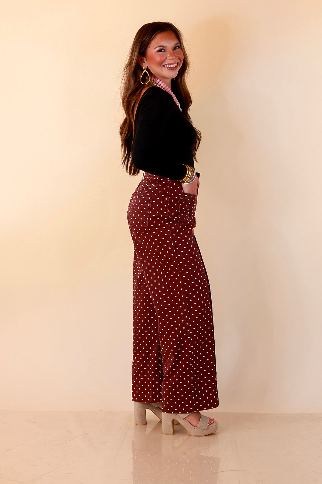 Rosy Outlook Polka Dot Print Wide Leg Denim Pants with Front Seam and Pockets in Maroon