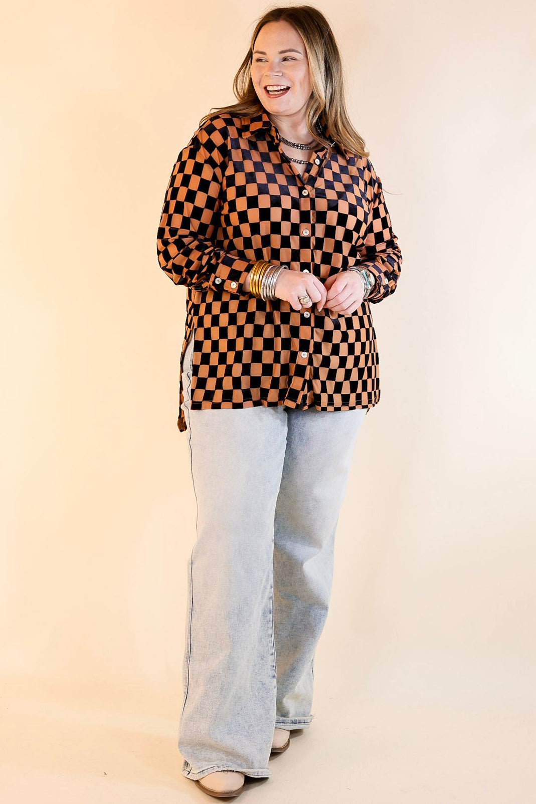 Style Icon Checkered Velvet Button Up Top in Black and Nude