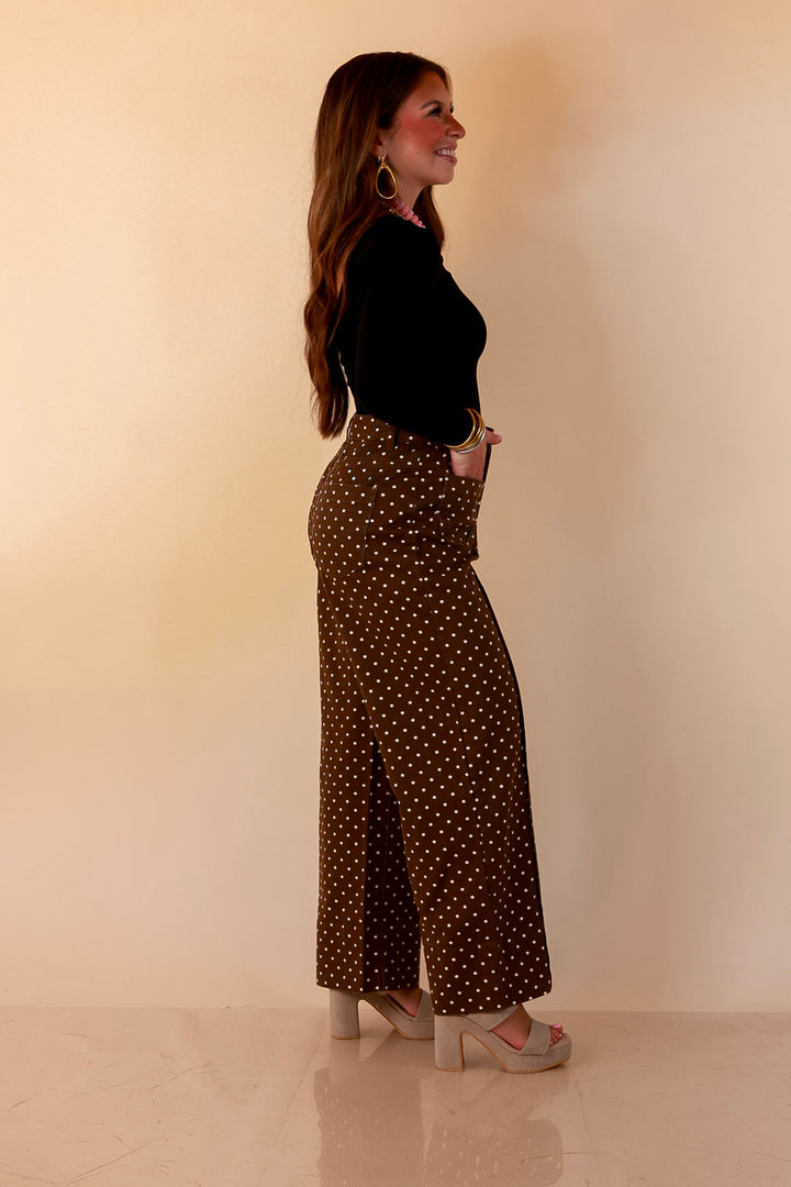 Rosy Outlook Polka Dot Print Wide Leg Denim Pants with Front Seam and Pockets in Chocolate Brown
