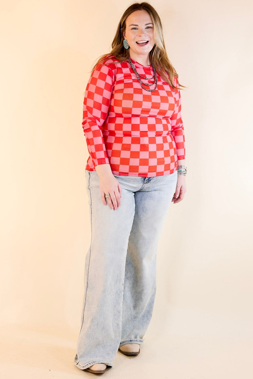 Western Dream Checkered Mesh Long Sleeve Top in Pink and Red