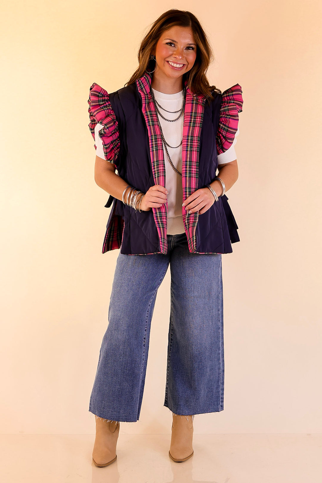 Mud Pie | Jefferies Quilted Plaid Reversible Vest with Ruffle Cap Sleeves and Bow Side Closure in Pink