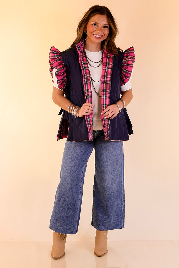 Mud Pie | Jefferies Quilted Plaid Reversible Vest with Ruffle Cap Sleeves and Bow Side Closure in Pink