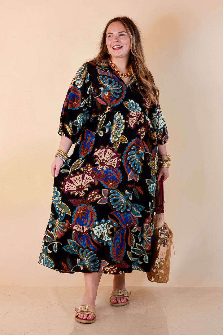 Season of Style Floral Print V Neck 3/4 Sleeve Collared Tiered Midi Dress in Black Multi