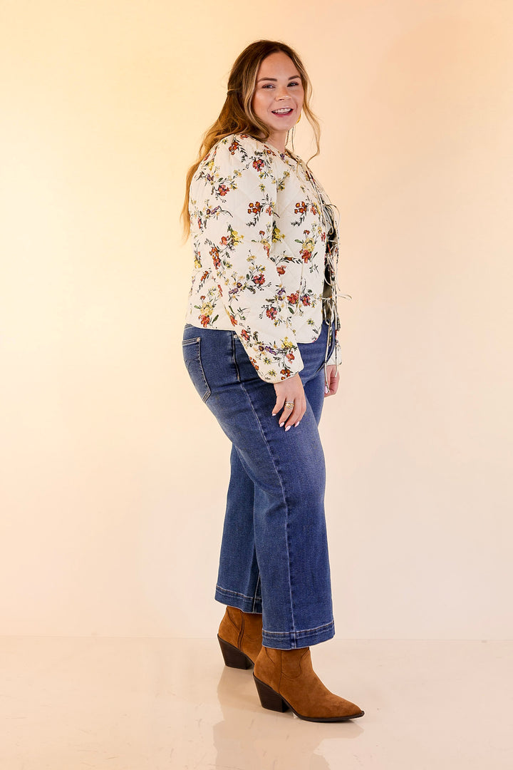 Chic in Bloom Quilted Floral Jacket with Front Ties in Ivory