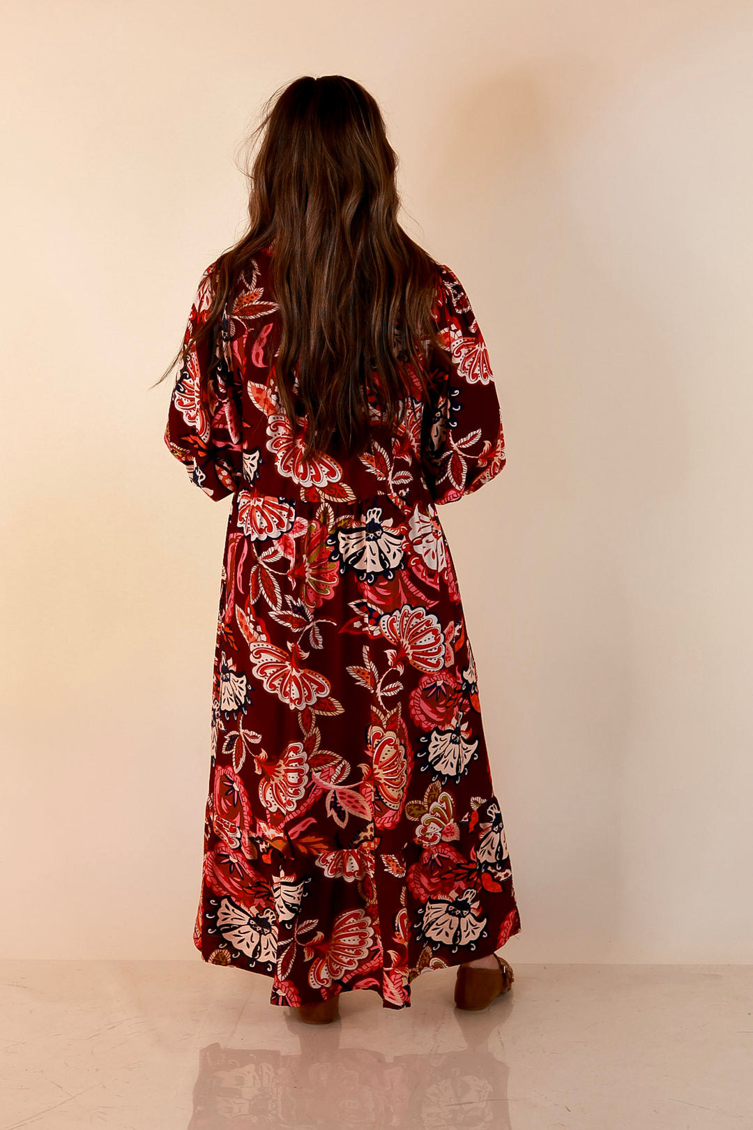 Season of Style Floral Print V Neck 3/4 Sleeve Collared Tiered Midi Dress in Maroon Multi