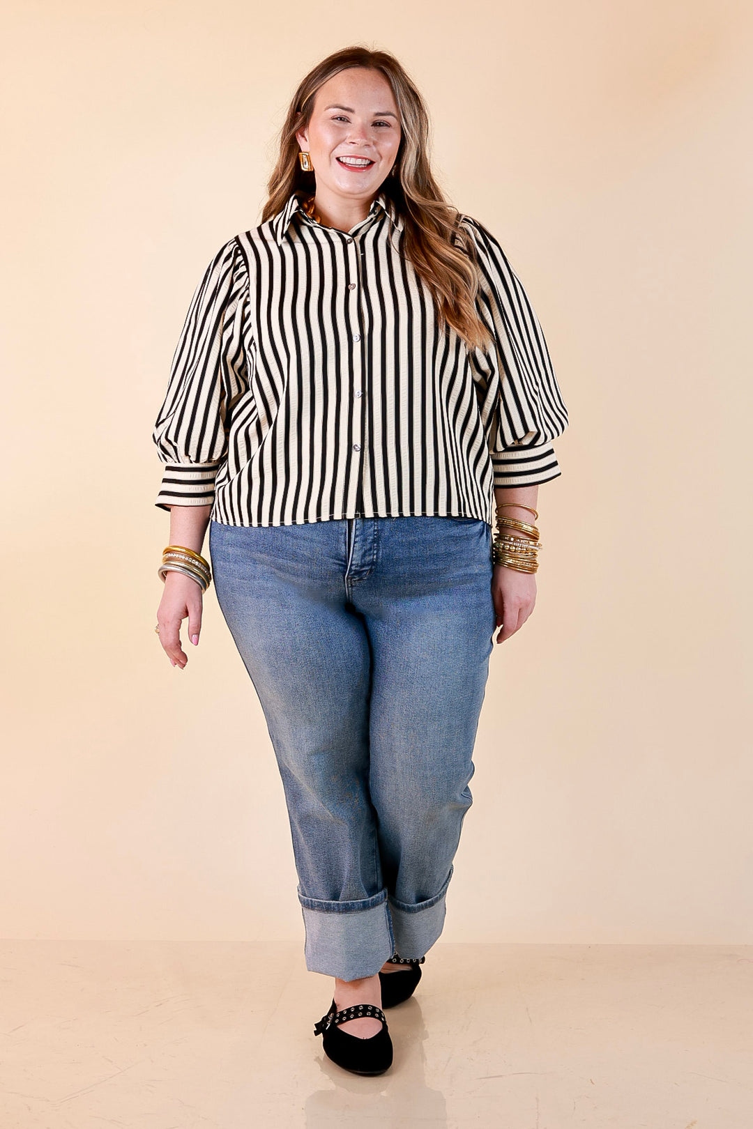 The Bold Type Striped 3/4 Sleeve Button-Up Top in Ivory with Black Stripes
