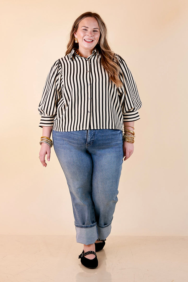The Bold Type Striped 3/4 Sleeve Button-Up Top in Ivory with Black Stripes